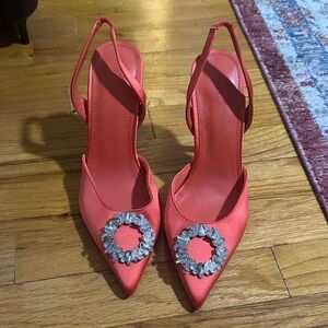 ASOS Red Satin Slingback Heels with Crystal Detail